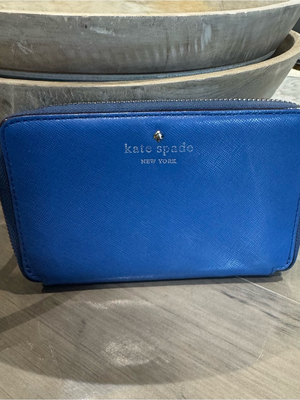 kate spade cobalt blue saffiano zip-around wallet